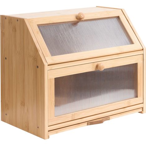Two-Tier Bread Bin Light Brown Bamboo Box 42 x 25 x 35 cm with Chopping Board Decorative with Fluted Front Panels Modern Kitchen CROQUANT
