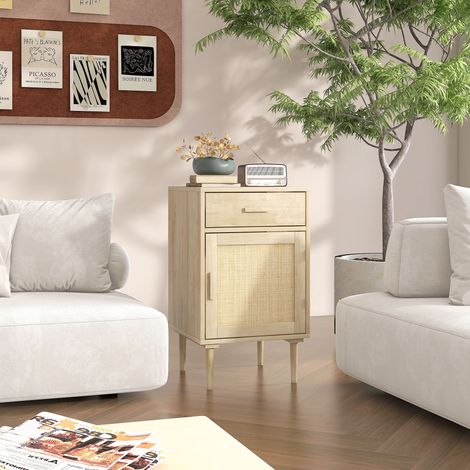 Table de chevet avec placard et étagère porte rotin tissé 1 tiroir design bohème - 40 x 40 x 68,5 cm naturel (1/5)
