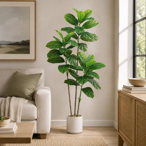 Ficus Plantes artificielles d'intérieur 1,5 m de haut dans un pot blanc Grand arbre artificiel en pot de soie Arbre artificiel vert réaliste pour maison, chambre, bureau, porche (1/5)