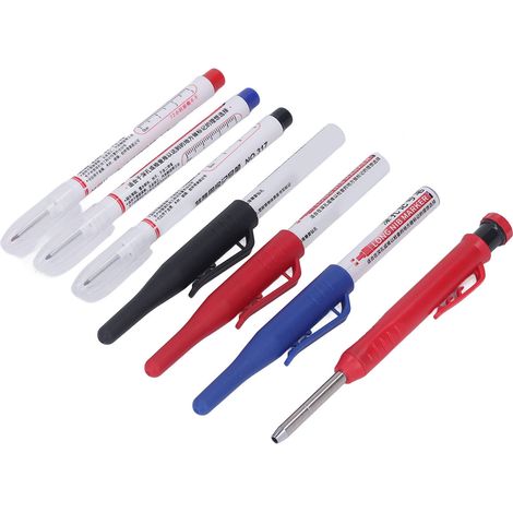 Ensemble de marqueurs pour menuisier multifonctionnels : 6 marqueurs à pointe longue pour trous profonds, 1 crayon à bois avec taille-crayon et recharges. (1/5)