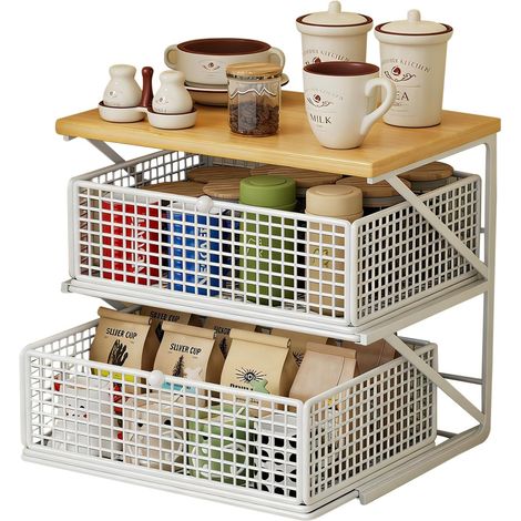 Kitchen Organizer Metal Worktop Drawer Expandable Storage Rack Multi-function Table Storage Shelf for Snacks Tea Bags Coffee Maker Space Saving Organizer (White (1/5)