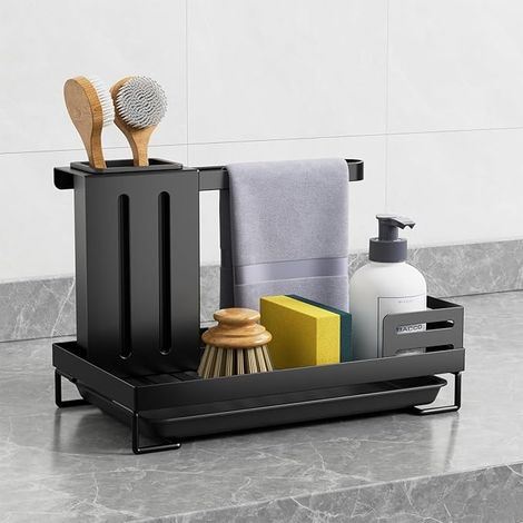 Porte Eponge Evier Cuisine, Rangement Evier Cuisine Porte Éponge Support Organisateur Evier avec bac à Goutte et Porte pour Éponge, Brosse de Nettoyage, Noir