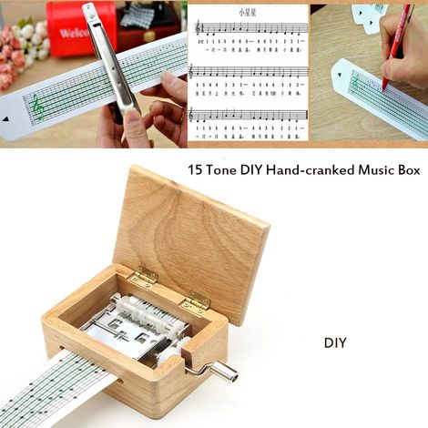 Boîte à musique artisanale en bois 15 tonalités avec perforateur et bandes de papier, jouet créatif pour enfants
