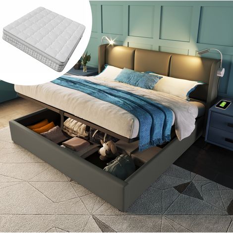 Cama doble tapizada 160x200 cm gris en PU con cabecero, luz de lectura, carga USB, arcón, somier de láminas y colchón (1/5)