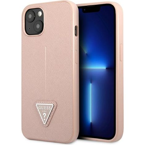 Funda rígida rosa Guess GUHCP14MPSATLP para iPhone 14 Plus / 15 Plus de 6,7 pulgadas con logo triangular Saffiano. (1/5)