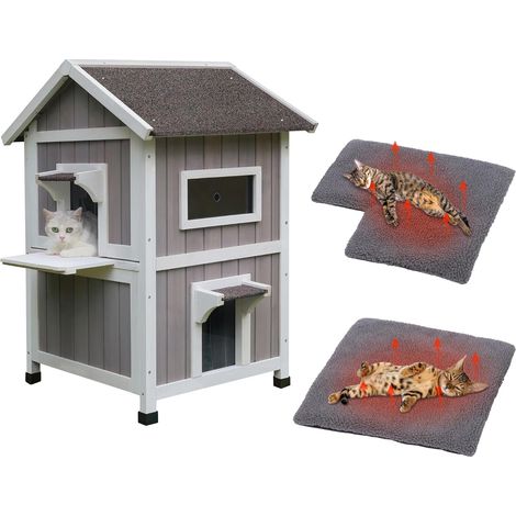 Niche pour chat d'extérieur résistante aux intempéries - Maison sauvage à 2 étages avec balcon et porte d'évacuation - Abri en bois pour petits animaux - Gris (1/5)