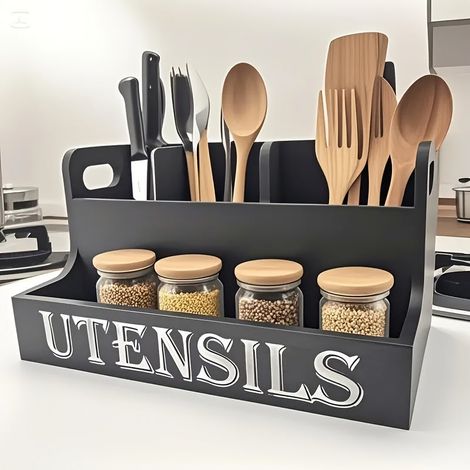 Étagère à ustensiles de cuisine, étagère à ustensiles et couverts en bois, étagère à épices, étagère à couverts pour cuisines， (1/5)