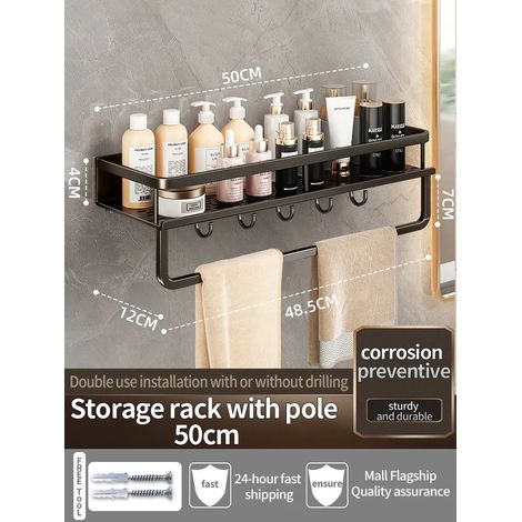 Étagère murale en aluminium (noir, 50 cm) pour salle de bain, rangement pour shampoing, organisateur de cuisine. (1/5)