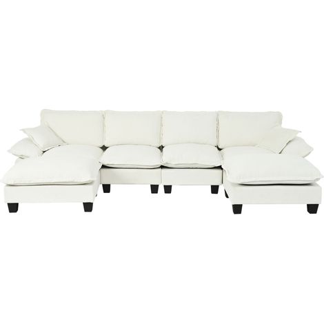 Divano angolare modulare a U in chenille beige, 6 posti, con pouf mobile MODENUIT (1/5)