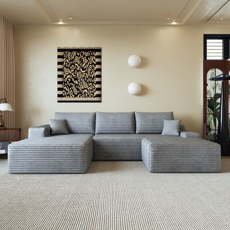 Divano angolare modulare sinistro con pouf removibile in velluto a coste, ripiegabile senza montaggio, design moderno, 270x175x83 cm, grigio (1/5)