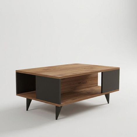 Tavolino da caffè in noce e nero, due livelli con contenitore, 90x39,5x60 cm, per soggiorno o camera da letto (1/5)
