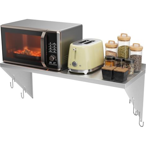Étagère Murale INOX avec Crochets Rangement Cuisine Pose Murale Cadre Flottante avec Support Triangulaire Structure Robuste avec Dosseret pour Restaurant, Maison,Cuisine (80x30cm) (1/5)