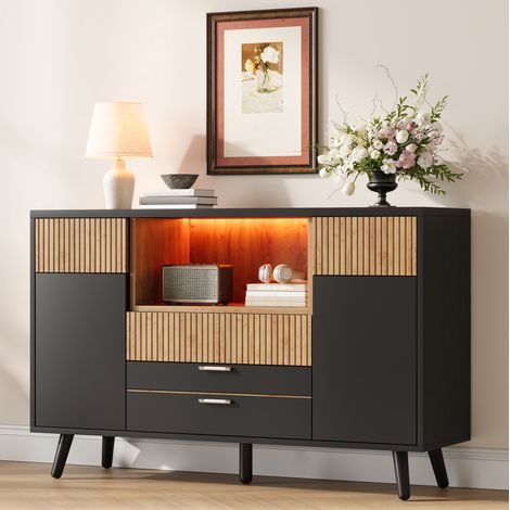 MODFU – Credenza cucina 130x38x85 cm in MDF con LED RGB, 4 cassetti, ripiani regolabili e carico 50 kg – Naturale/nero (1/5)