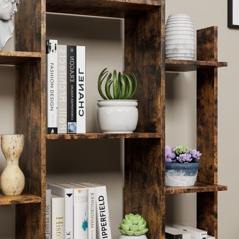 Bibliothèque vintage industrielle 2 tiroirs et 12 étagères ouvertes. Grande capacité de rangement pour chambre,salon et bureau,brun rustique. (1/5)