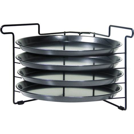 Juego de 4 piezas para hornear pizza, 3 platos redondos para pizza (Ø 29,5 cm) y rejilla horno, Rejilla de preparación almacenamiento plegable (1/5)