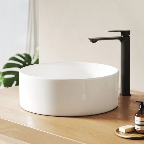 EMKE Lavabo en Céramique Rond à Poser 352x352x112 mm, Vasque Salle de Bain, Blanc (1/5)