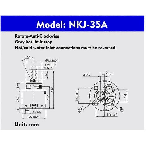 Cartouche de remplacement pour robinet mitigeur monocommande Kerox NKJ35, cartouche de mitigeur en céramique de 35 mm, kit de réparation pour rotation à droite. (1/2)