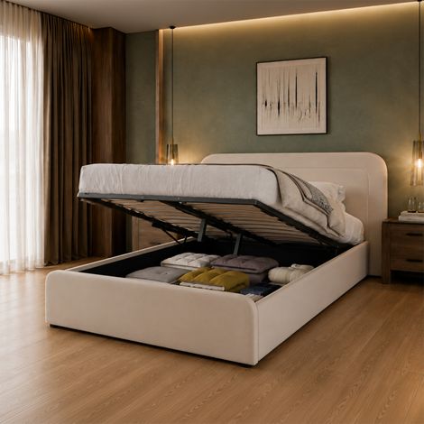 Lit avec coffre de rangement 140x190cm en velours beige BOISE (1/5)