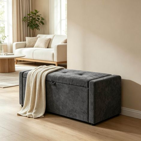 Banc de rangement 122x48x44 cm en lin gris foncé, avec rangement pour chambre, FloraGrace (1/5)