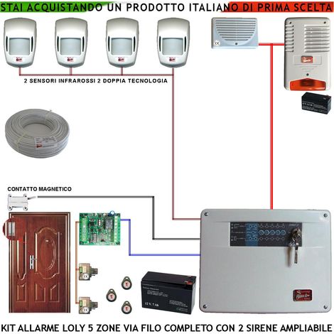 Kit Impianto Antifurto Loly 5 Zone Sensori di Movimento 2 Infrarossi e 2 Doppia Tecnologia Contatto Magnetico Sirena Interna 1 Esterna Lampegggiante Chiave Proxi 2 Lettori 3 Trasponder Cavo 2+4 100 MT (1/4)