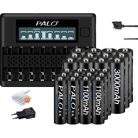 Baterías recargables, capacidad de 3000 mAh, cargador incluido, 12 pilas AA/AAA, 1 cargador (1/2)