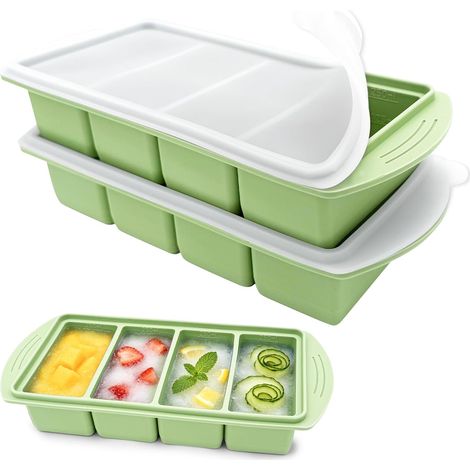 Bandeja de silicona para congelador de 2 piezas con tapa, 4 compartimentos de 250 ml, recipiente apilable sin BPA para sopas, caldos, salsas y preparación de comidas. (1/5)