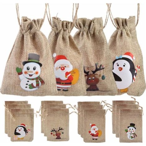 12 sachets en jute à cordon pour cadeaux de Noël - Petits sachets à bonbons à motifs de Noël (1/5)