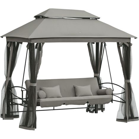 Sedia a dondolo da giardino convertibile a 3 posti, stile coloniale, extra comfort, 5 cuscini + materasso + zanzariera inclusi, 2,56 m (lunghezza) x 1,72 m (larghezza) x 2,48 m (altezza), grigio