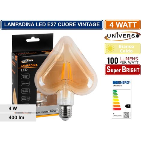 LAMPADINA LED VINTAGE A FORMA DI CUORE E27 4W FILAMENTO VETRO AMBRATO LUCE CALDA 2500K PUB TAVERNE (1/3)