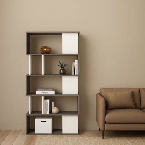 Dmora - Libreria Arg, Scaffale da ufficio, Mobile portalibri, Biblioteca, 80x30 h175 cm, Cemento e Bianco (1/5)