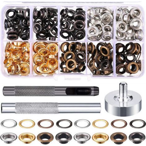 (4 Colors) Eyelets Grommets Kit, 200 Sets Grommets 6mm Grommets, Tarpaulin Repair Kit, with 3 Pcs Grommet Grommet Tools Grommets Kit for Tarpaulin, Fabric, Curtains Making (1/5)