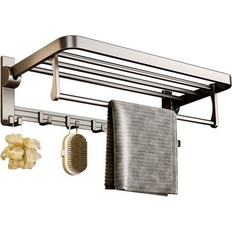 Double Barre de Serviette, Etagère de Rangement Pliable Montée sur le mur avec 6 crochets, 40 cm x 24 cm x 19,5 cm, SUS 304 acier inoxydable, 90 degrés de rotation, imperméable complet (1/5)