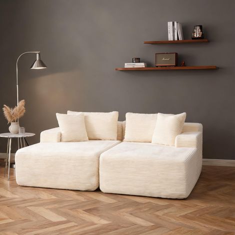 Canapé modulaire en chenille beige avec méridienne et coussin (1/5)