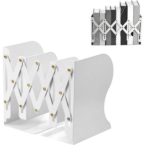 Serre-Livres Réglable Antidérapant Serre-Livres en Métal pour Étagères Cale Livre Metal Robuste pour Maison, Bureau, l'École, Bibliothèque (Blanc) (1/5)