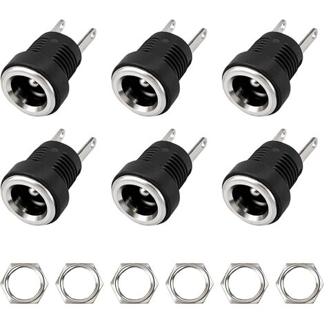 6pcs DC Female Plug 2 Pin 5.5x2.1mm DC Power Socket Solder Compact Connector for Electronics, Repair and DIY Projects, Black (1/5)