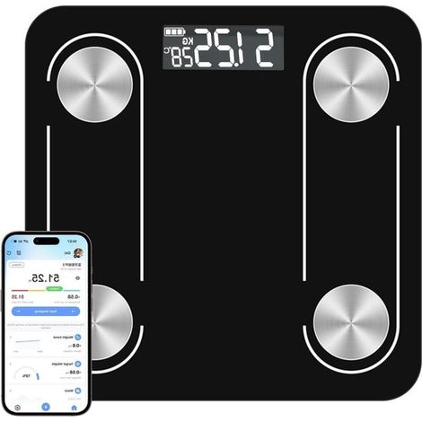 Báscula inteligente de composición corporal con Bluetooth y pantalla LED - Recargable por USB - 26 x 26 cm - Báscula inteligente Bluetooth con retroiluminación
