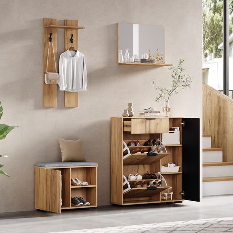 Conjunto de entrada con banco zapatero, espejo, 2 ganchos y 4 puertas, natural y negro (1/5)
