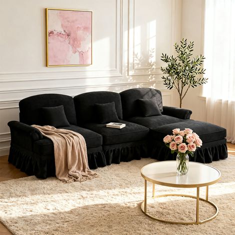Canapé 3 places 272 cm + pouf + jupe plissée en tissu noir - INGLA