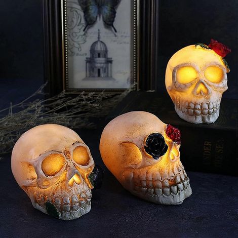Crâne et rose lumineux en résine LED pour Halloween, accessoire de déguisement horrifique, décoration créative pour bureau, bar ou chambre, ambiance mystérieuse et lumineuse, cadeau amusant (1/5)