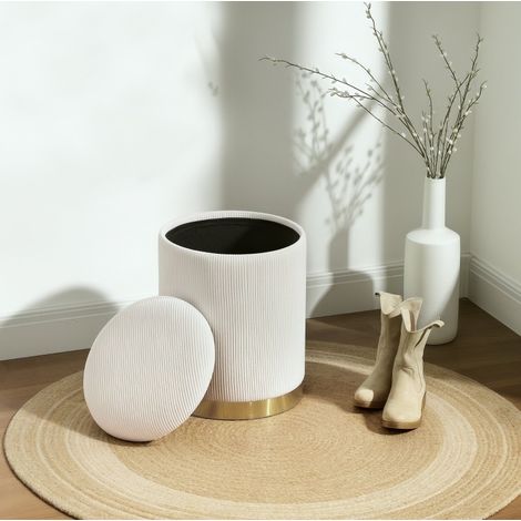Pouf contenitore rotondo 37x37x47.5 cm, seduta imbottita, 30,6 L, tessuto in poliestere, bianco crema (1/5)