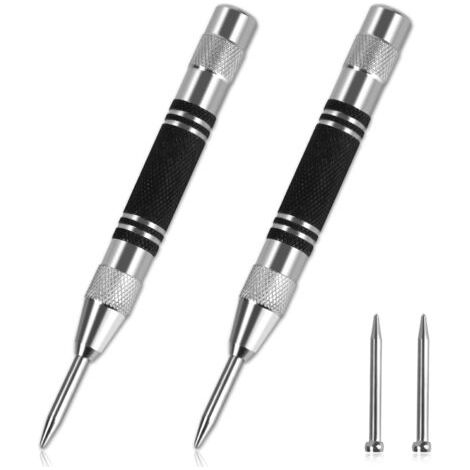 2 pièces Pointeau Automatique,128mm Pointeau Automatique Impact Réglable,Poinçons Centraux à Ressort,Livré avec 2 têtes de rechange en métal, pour Bois, mur, plastique,métal mou,verre de fenêtre