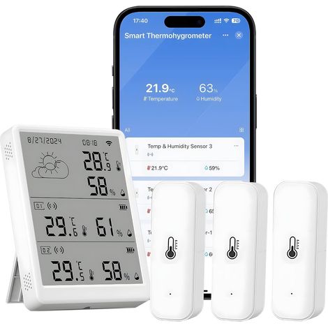 Thermomètre hygromètre WiFi - Capteur de température et d'humidité par application - Portée de 100 m - (3 capteurs + station de base) (1/5)