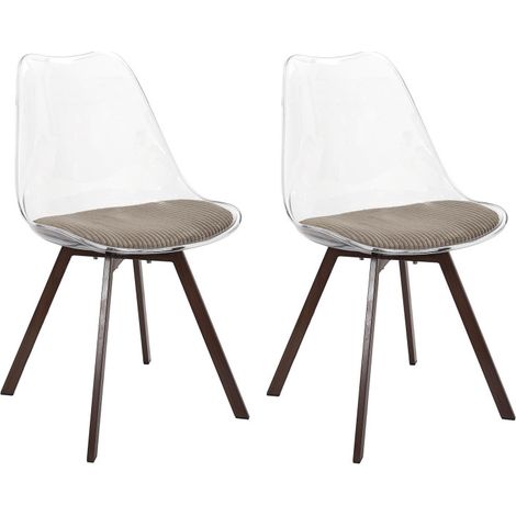 Lot de 2 Chaises Coque Transparente avec Coussin Velours Cotelé Taupe rembourré - Piètement métal effet Bois Foncé - Livraison gratuite