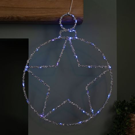 49cm Battery Powered Light up Christmas Silver Star Ball with Twinkling Blue LEDs (1/5)