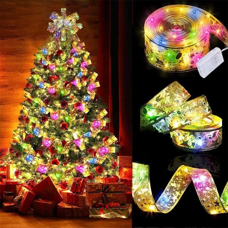 Weihnachten Lichterkette Bänder 10m Weihnachtsband Weihnachtsbaum LED Lichter Bunt Weihnachtslichter Dekoband Christbaum Deko Glänzende Band DIY Schleifenband Weihnachtsdeko für Innen Außen Gold (1/5)