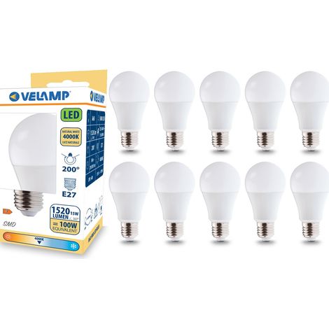 Ampoule LED, standard A60, culot E27, 15W (1520 lumens équivalent à 100W), lumière blanche naturelle 4000K, technologie SMD, faisceau 200 °, pack de 10 ampoules (1/5)
