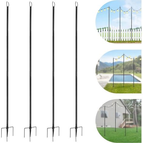 Poteaux lumineux d'extérieur, poteaux métalliques de 3 m (10 pi) pour guirlandes lumineuses extérieures, supports pour terrasse, jardin, patio, mariage, cour arrière, fête de Noël (lot de 4)