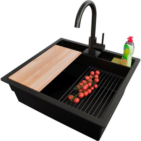 PRIMAGRAN Evier Cuisine en Granit 56x54cm, Lavabo 1 bac + Kit de Vidage + Accessoire, Évier à Encastrer au meuble 60cm - Bergen Pocket, Tout Noir
