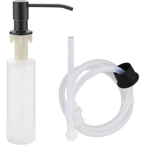 Distributeur de Savon Encastrable en INOX avec Bouteille 500ml, 1m Tuyau en Silicone, 3 Bouchons Universels, Distributeur de Savon Evier Cuisine, Salles de Bains, Noir (1/5)