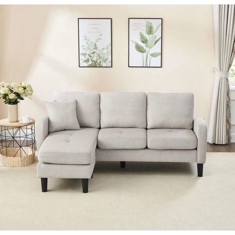 Canapé d'angle - KOMHTOM - Canapé d'angle en L 3 places - Réversible (méridienne G/D) - Tissu coton-lin - Beige‑gris (1/5)